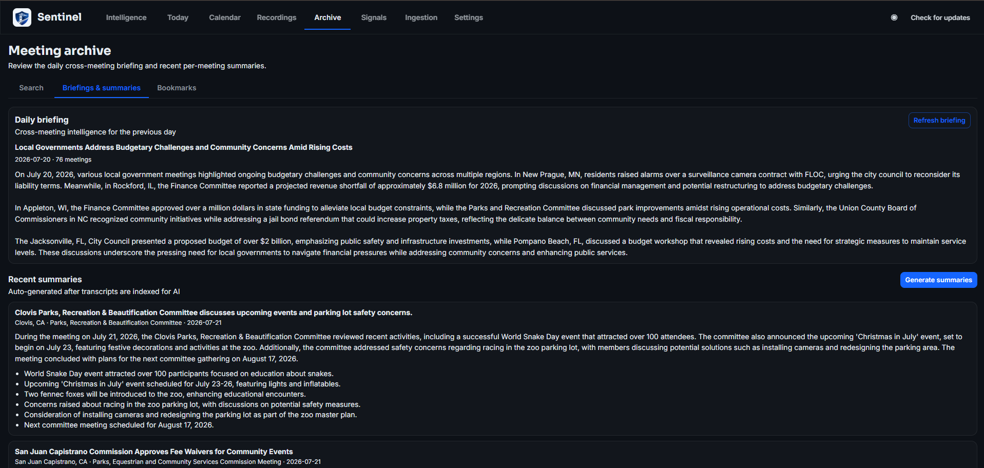Daily briefing and summaries screen