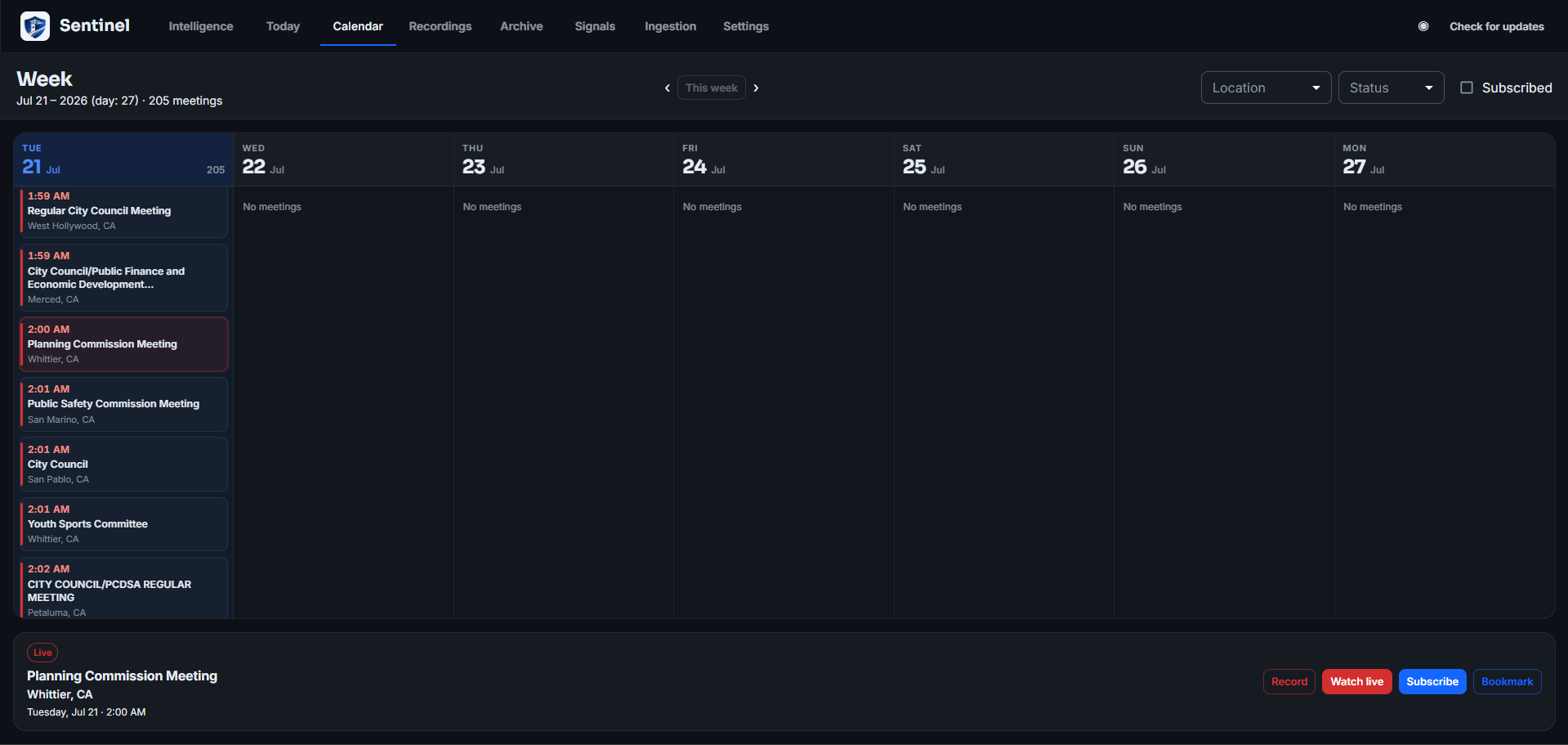Calendar showing live meetings